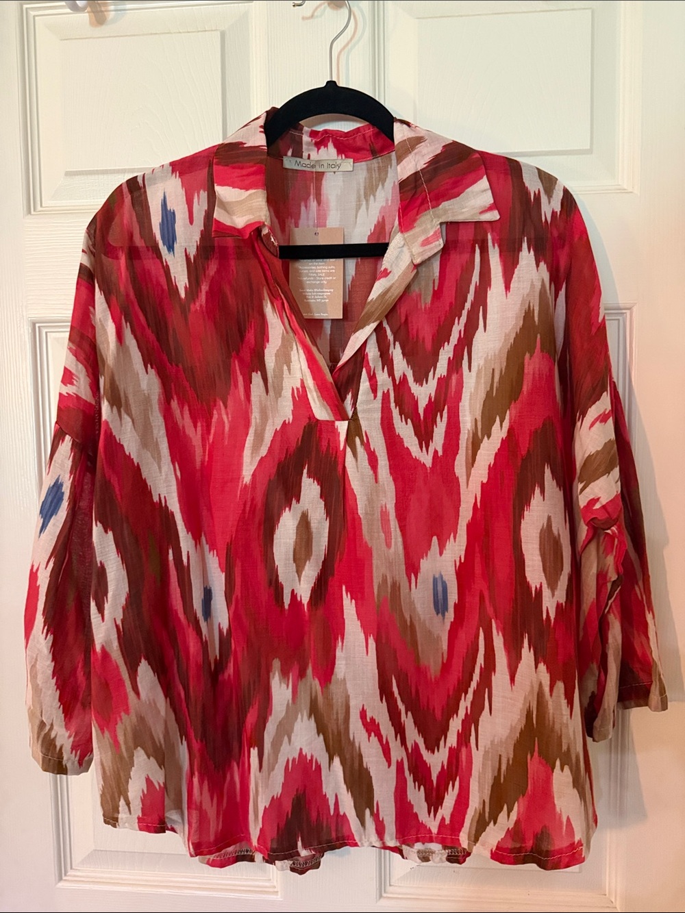 Made In Italy Flowy Red Ikat Tunic Blouse with Notch Collar